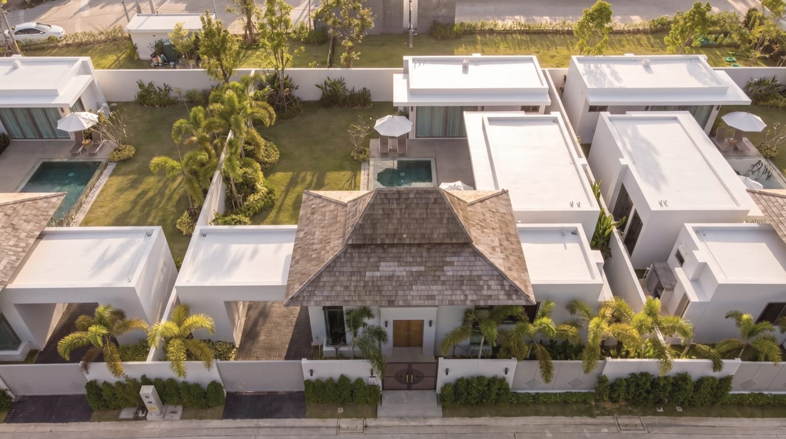 Evening light on a private pool villa terrace in Cherng Talay, Phuket