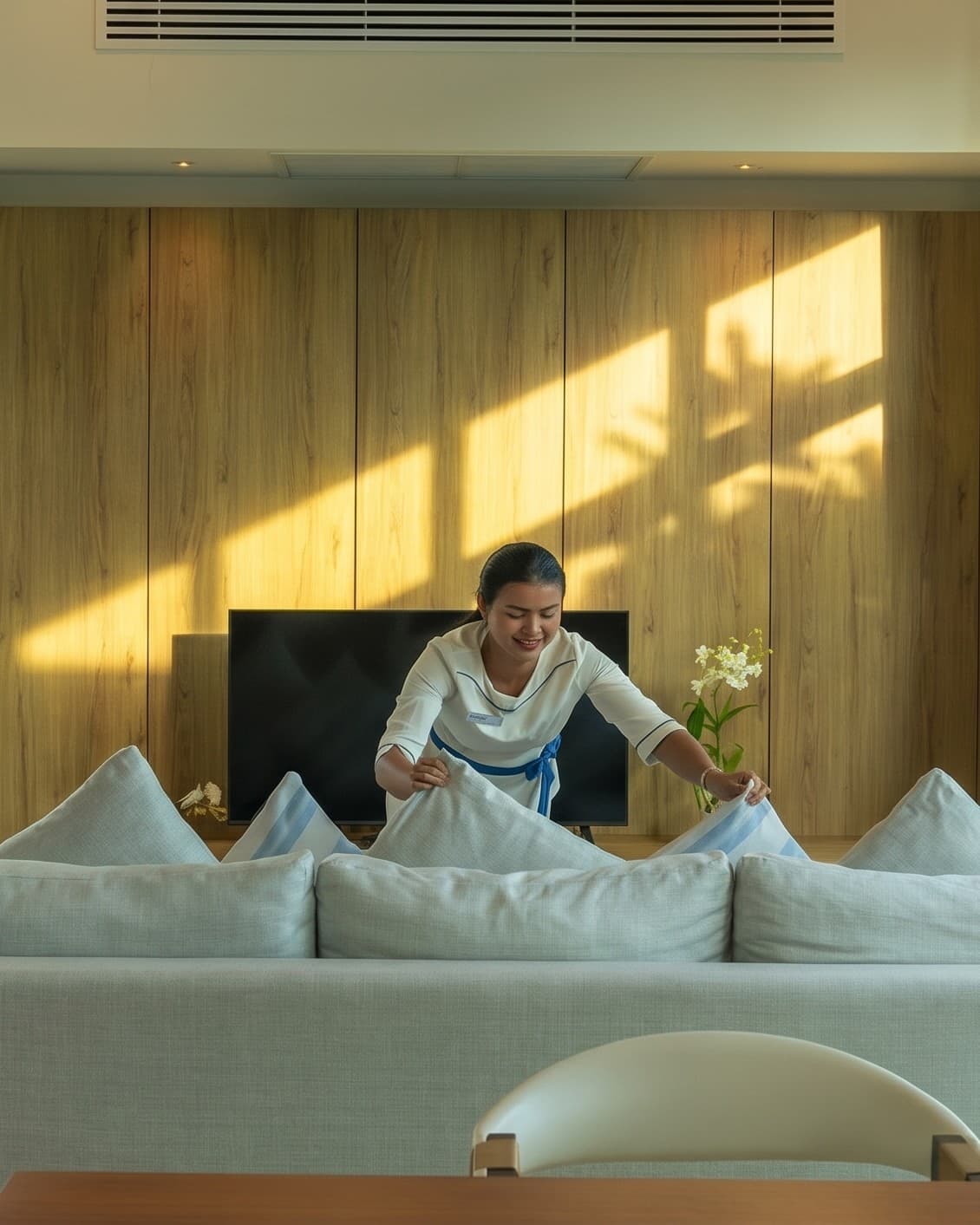 An Escape Villas housekeeper styling the living-room sofa in a sunlit villa to a five-star standard